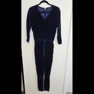 Lauren Ralph Lauren Blue Royal Navy Velvet Waist Tie V-Neck Tapered Jumpsuit S